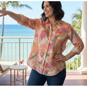 Chico's Size 14 Blouse 100% Linen Tropical Button Up Bold Casual Resort Chic